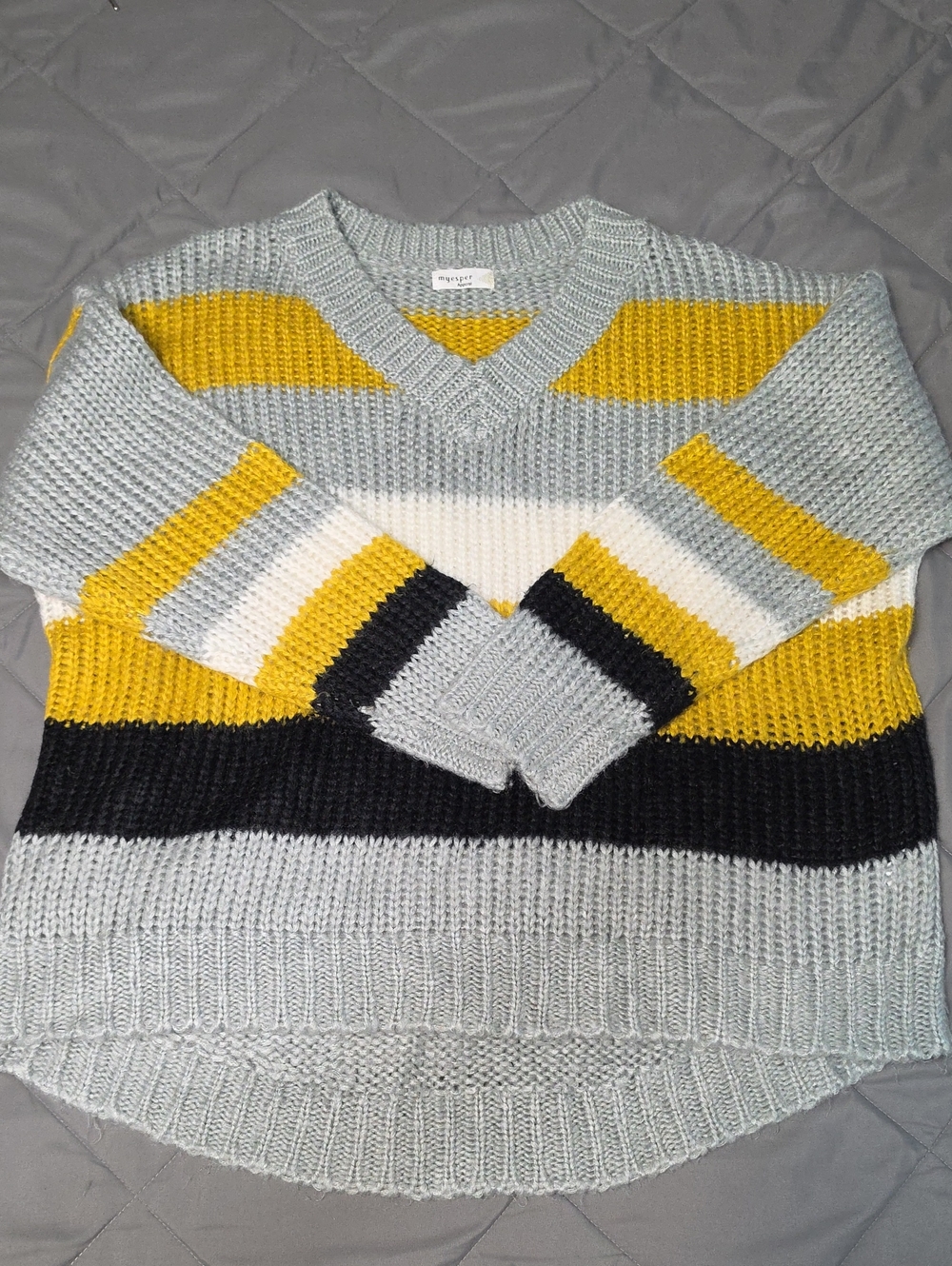 Cozy Striped V-Neck Sweater - Yellow, Gray, Black, Cream